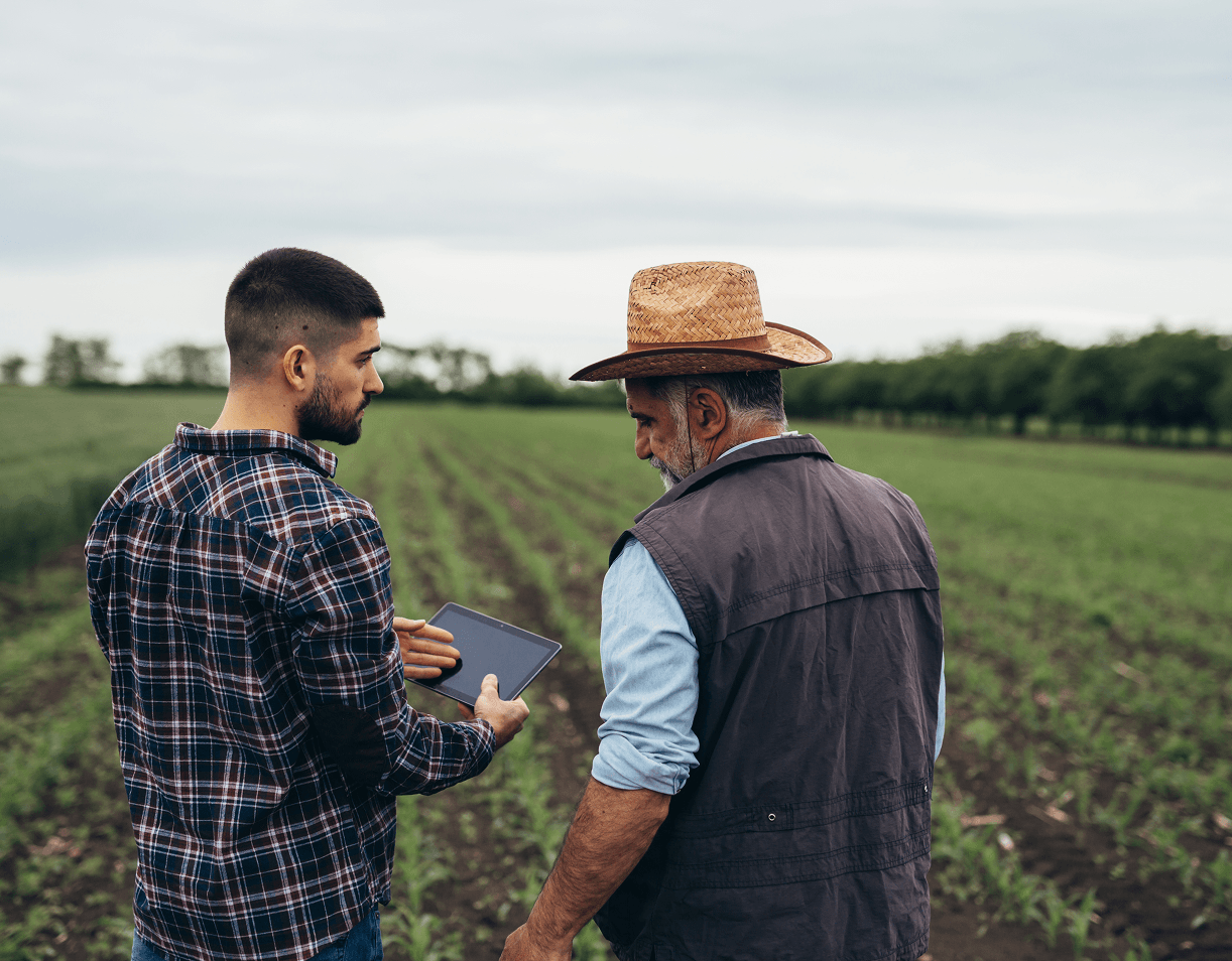 Two men in field with tablet